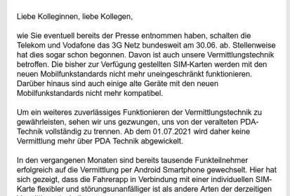 Screenshot: 30.6.2021 Abschaltung von 3G-Taxivermittlung